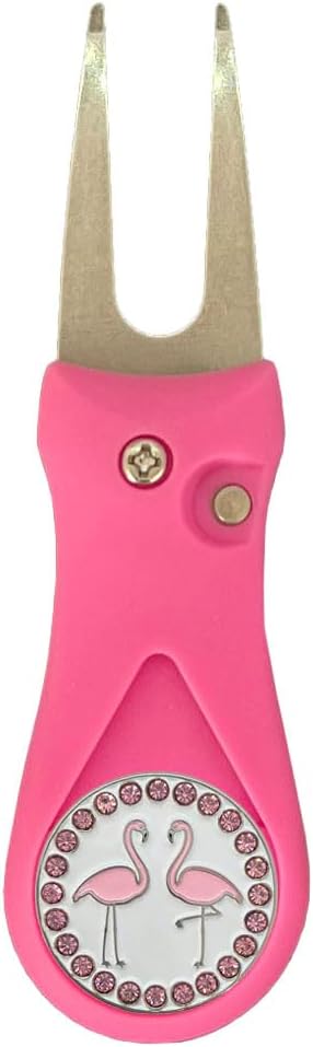Giggle Golf Pink Plastic Divot Repair Tool with Metal Bling Flamingos Golf Ball Marker