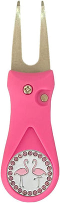 Giggle Golf Pink Plastic Divot Repair Tool with Metal Bling Flamingos Golf Ball Marker