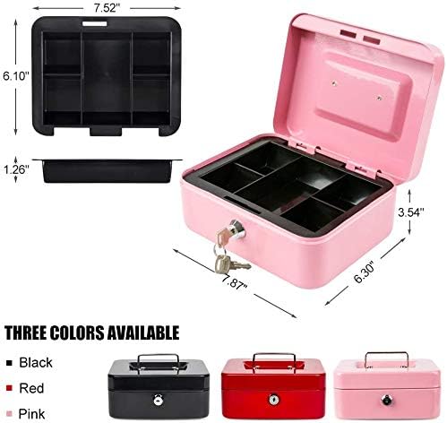 xydled Medium Cash Box with Lock, Metal Money Box, Steel Money Box, Pink