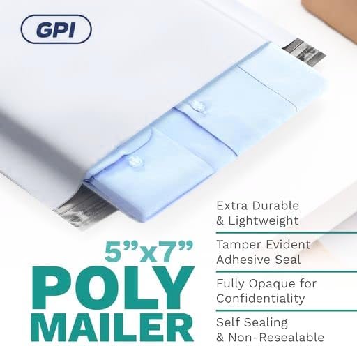 5" x 7" Poly Mailers, 200 Pack, 2.5 Mil, White Self Seal Waterproof, GPI