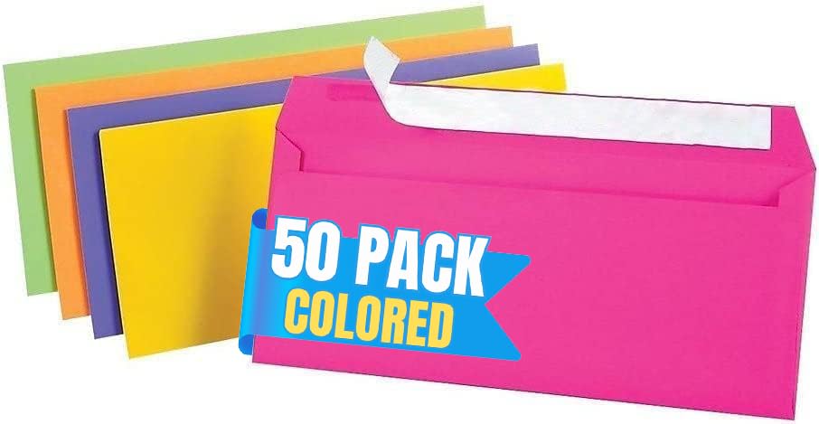 1InTheOffice EasyClose Neon Brights Color Envelopes, #10, Assorted, 4 1/8"H x 9 1/2"W