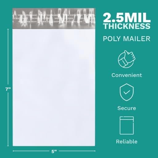 5" x 7" Poly Mailers, 200 Pack, 2.5 Mil, White Self Seal Waterproof, GPI