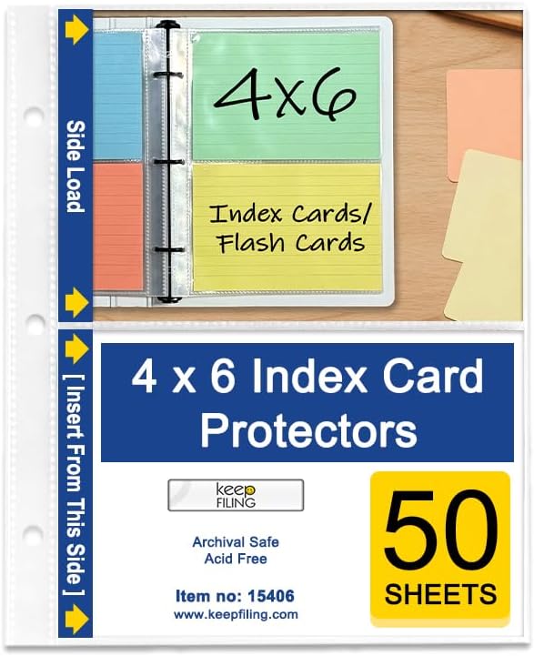 4x6 Index Card Protectors, 50-Pack, Heavyweight, Holds 4 Cards, 3-Holes