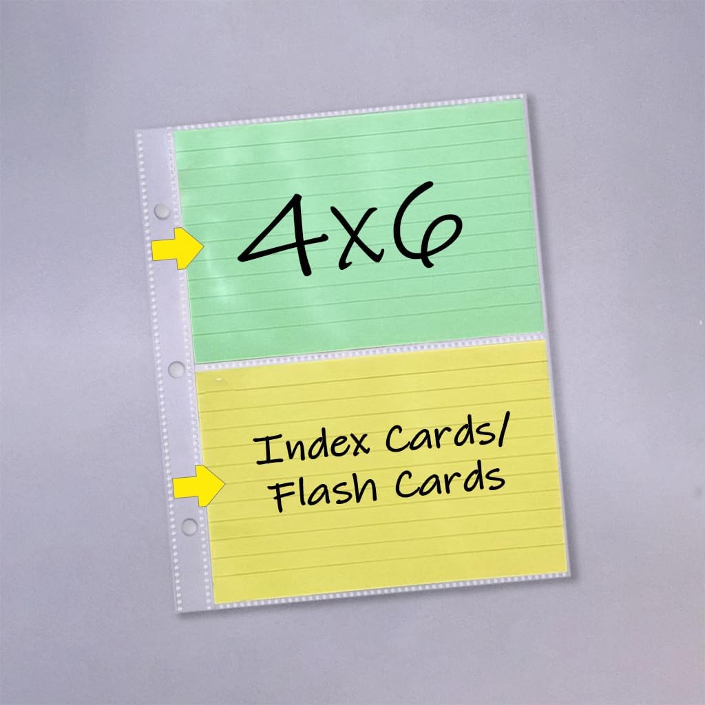 4x6 Index Card Protectors, 50-Pack, Heavyweight, Holds 4 Cards, 3-Holes