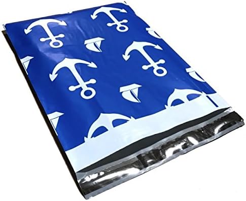 10x13 - Blue Navy Anchor Nautical Designer Printed Poly Mailers Shipping Envelopes Self