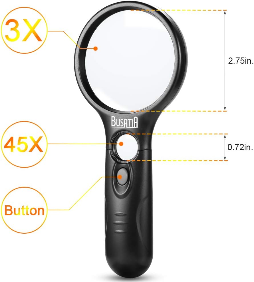 Magnifying Glass with Light, BUSATIA LED Illuminated Magnifier with 3X 45X High