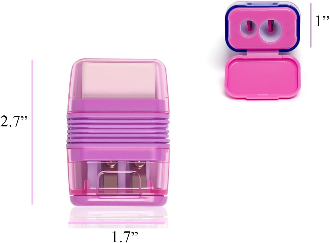 Set of 12 Dual-Hole Pencil Sharpeners with Erasers for School