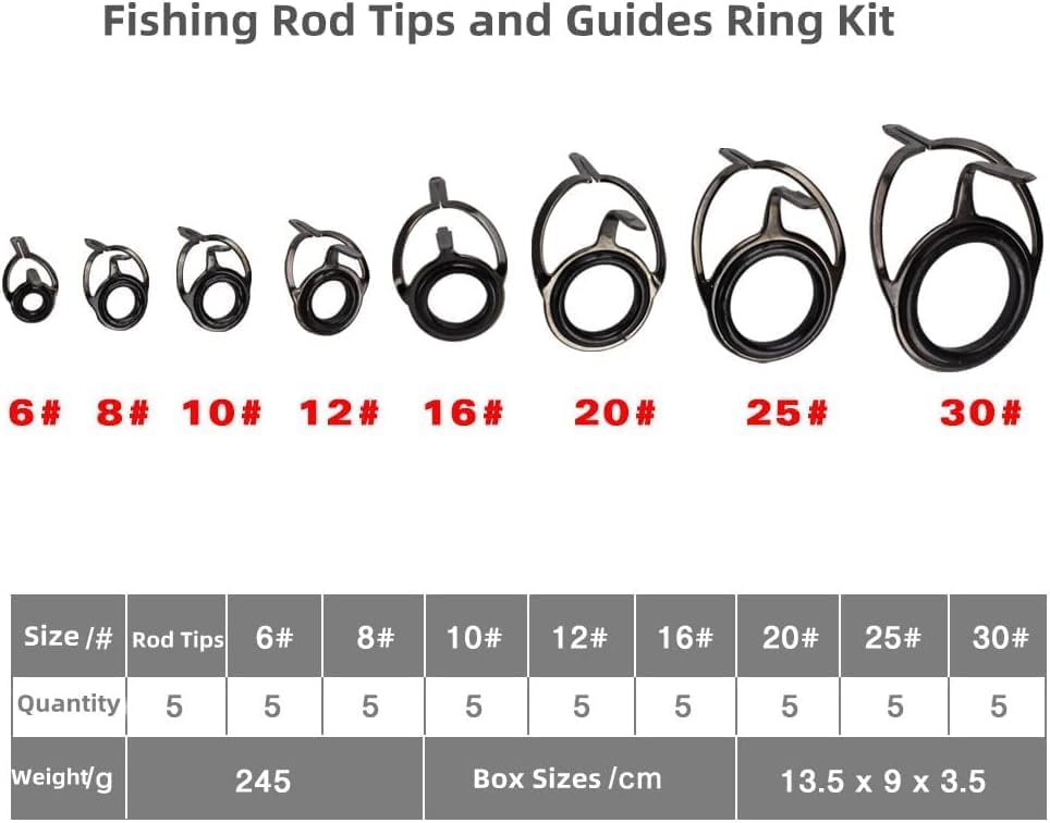 45PCS Fishing Rod Guide Repair Kit - 9 Size(Each Size 5 PCS) Fishing Rod Tips and Guides