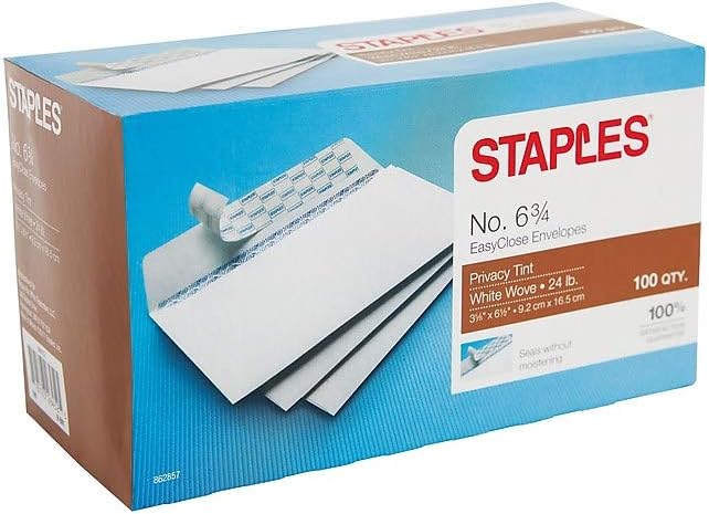 Staples #6.75 QuickStrip EasyClose Security-Tinted Envelopes, White