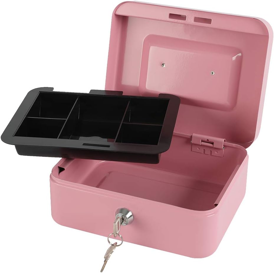 xydled Medium Cash Box with Lock, Metal Money Box, Steel Money Box, Pink