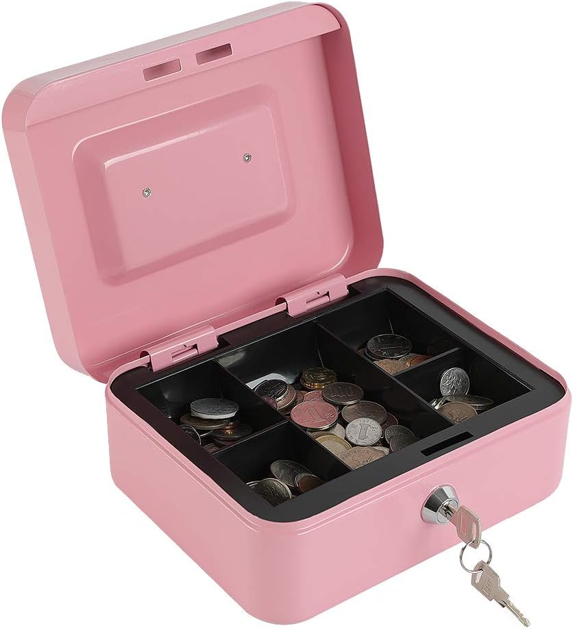 xydled Medium Cash Box with Lock, Metal Money Box, Steel Money Box, Pink