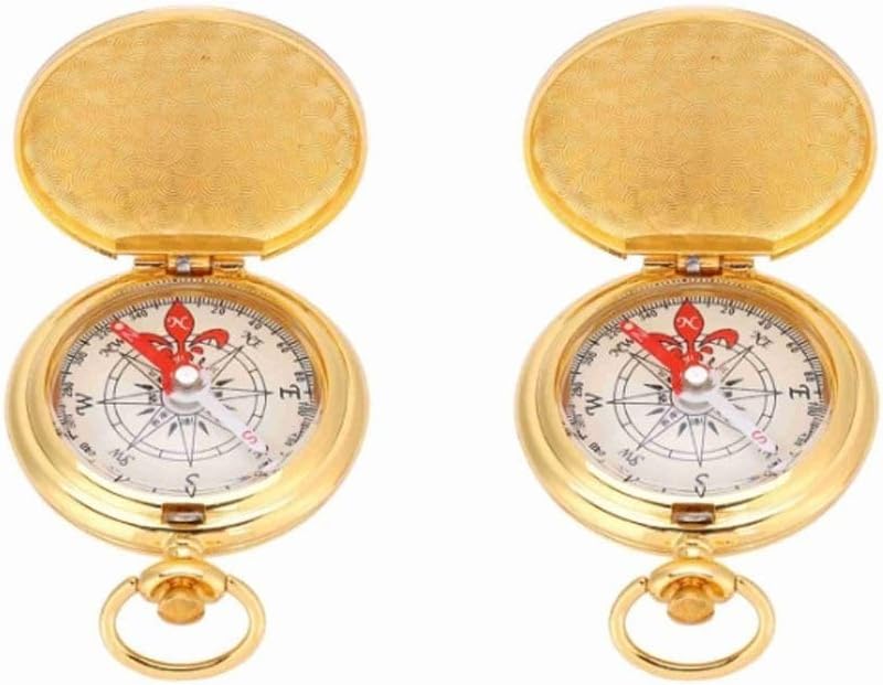 2 Pcs Golden Antique Navigation Compass Keychain – Water Proof Flip-Open Pocket Compass
