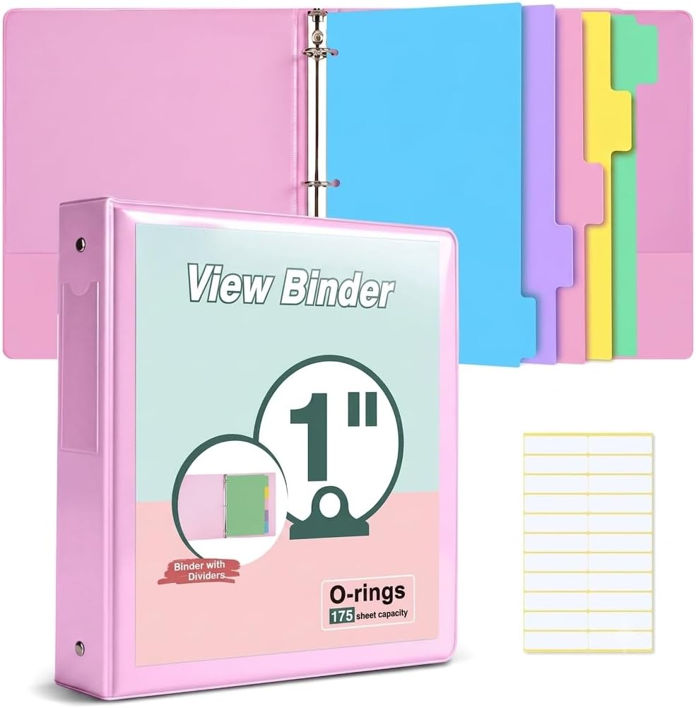 3 Ring Binder 1 inch，Cute Binder Organizer with 5 Tab Dividers Fits 175 Sheets of 8.5x11