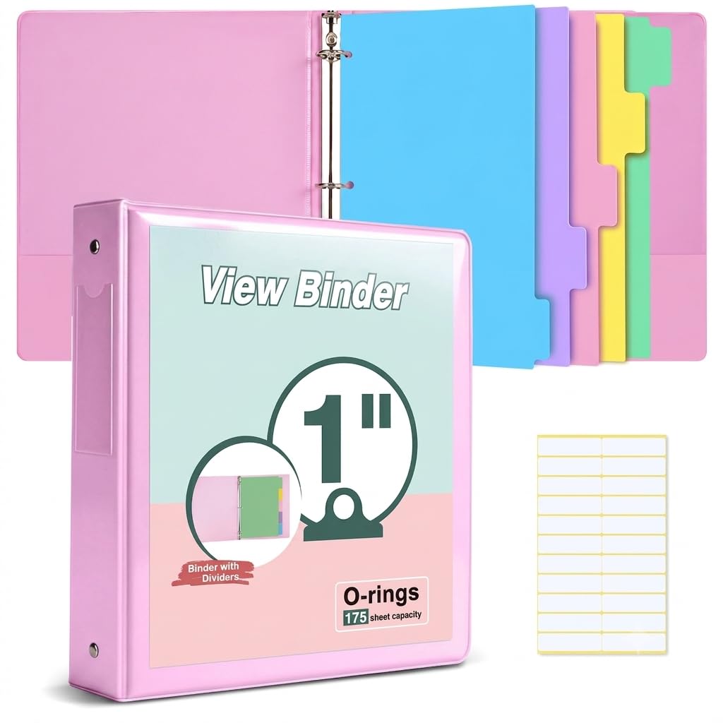 3 Ring Binder 1 inch，Cute Binder Organizer with 5 Tab Dividers Fits 175 Sheets of 8.5x11