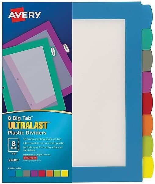 Avery Big Tab Ultralast Plastic Dividers with White Tab Labels, 8 Tabs, Multicolor (24901)