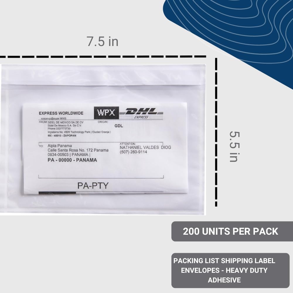 200 Units, 7.5"x5.5" Clear Packing List Shipping Label Envelopes - Heavy Duty Adhesive