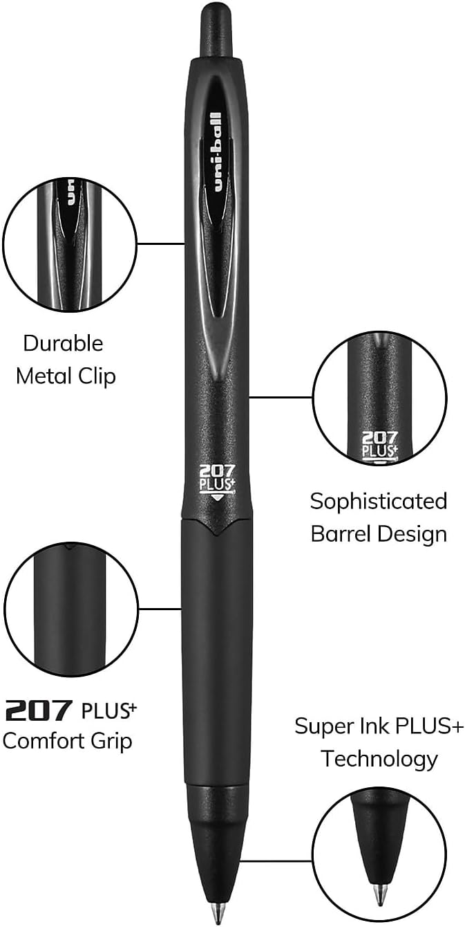 uniball™ 207 Plus+ Gel Pens, Black Ink, 0.7mm Medium Point, 12 Count