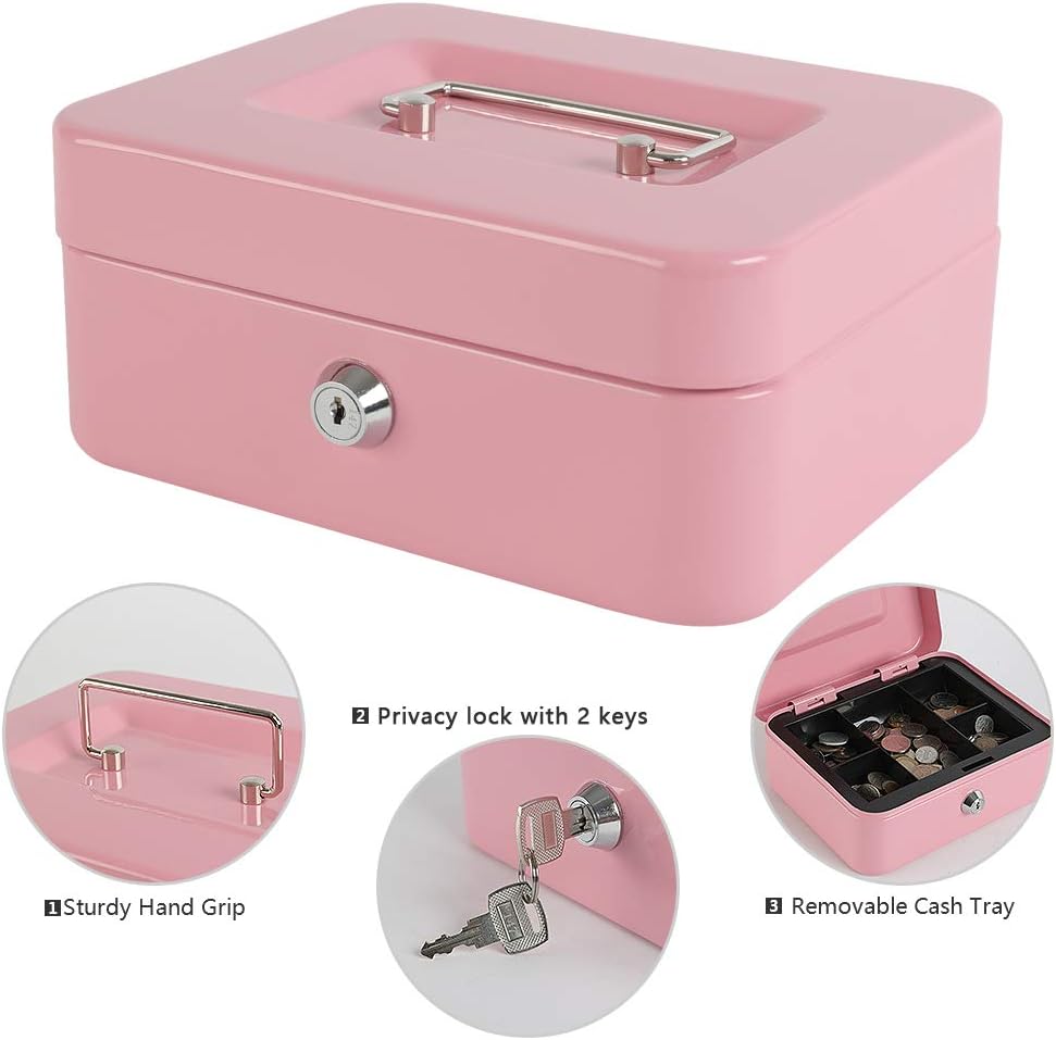 xydled Medium Cash Box with Lock, Metal Money Box, Steel Money Box, Pink