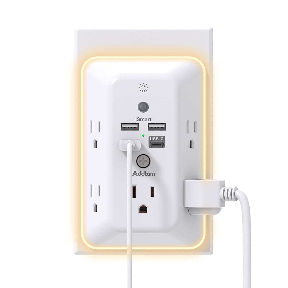 Addtam Surge Protector, 5 Outlet Extender with Night Light and 4 USB Ports