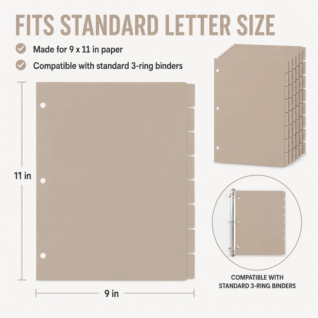 2 Set 8 Tab Brown Binder Dividers for 3 Ring Binder, Letter Size 8.5 x 11 Inch