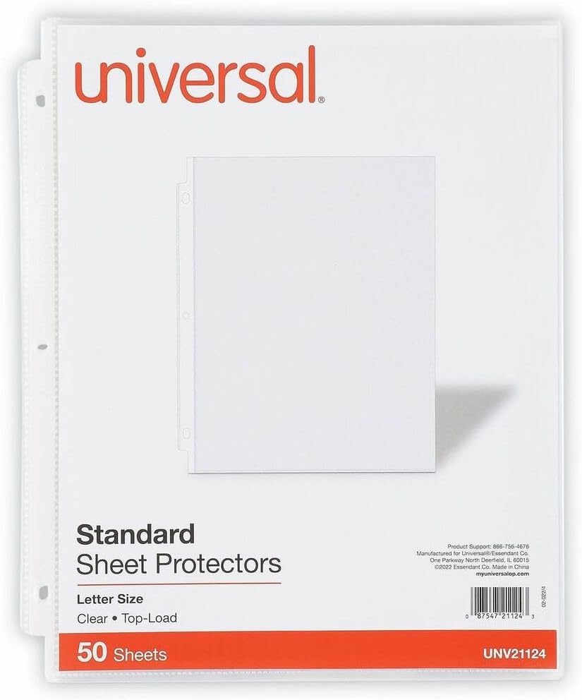 Universal 21124 Top-Load Poly Sheet Protectors, Standard Gauge, Letter, Clear (Pack of 50)
