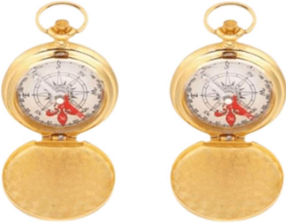 2 Pcs Golden Antique Navigation Compass Keychain – Water Proof Flip-Open Pocket Compass