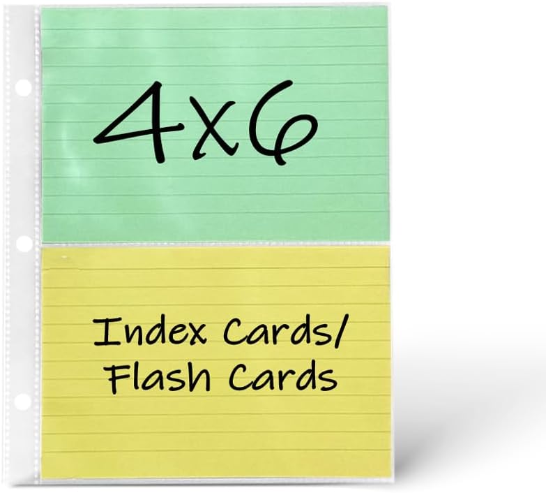 4x6 Index Card Protectors, 50-Pack, Heavyweight, Holds 4 Cards, 3-Holes