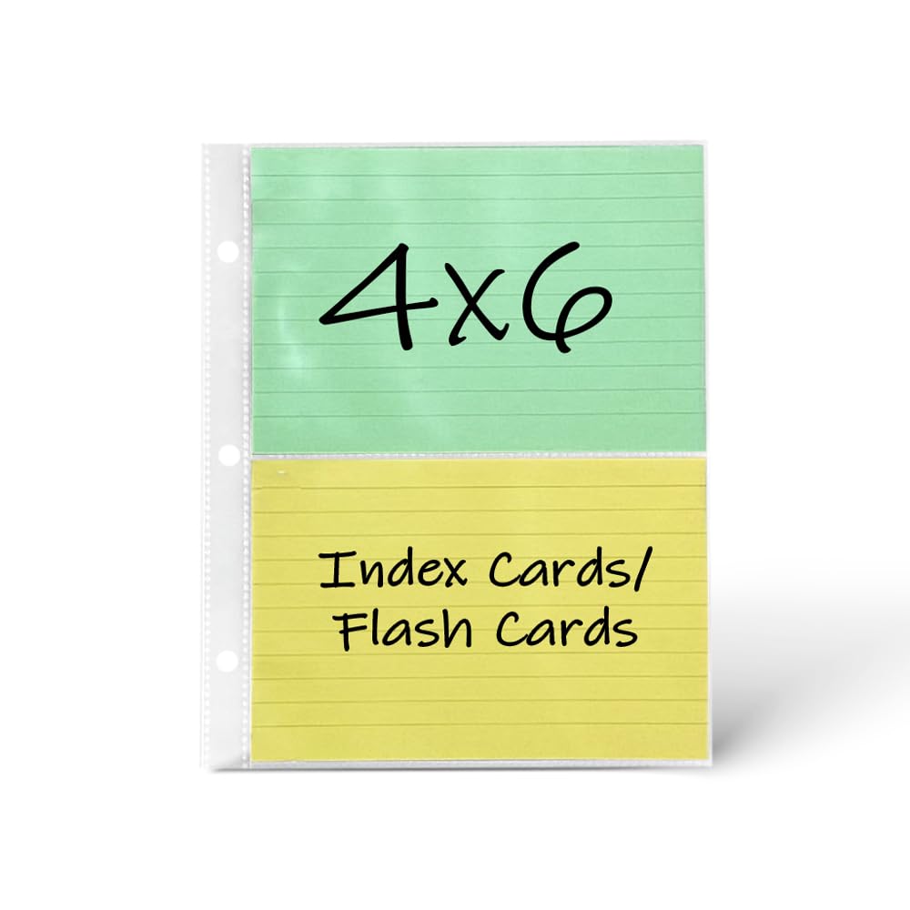 4x6 Index Card Protectors, 50-Pack, Heavyweight, Holds 4 Cards, 3-Holes