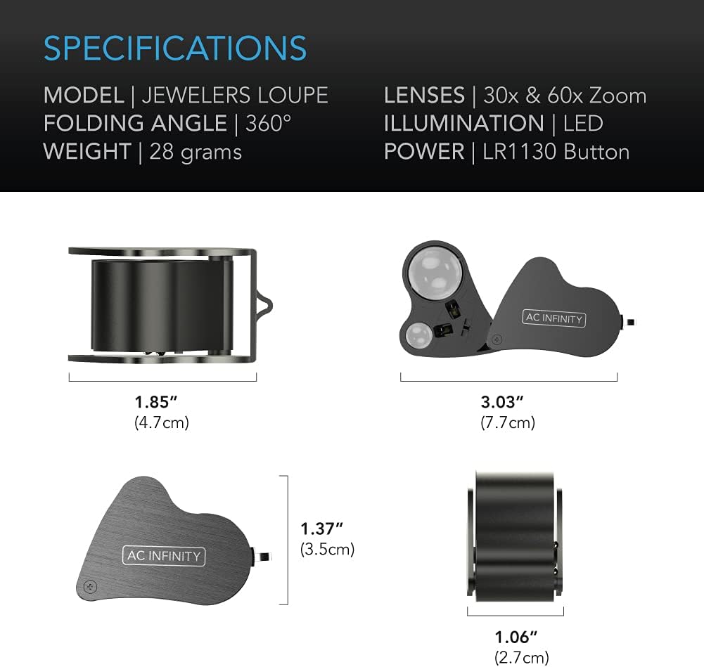 AC Infinity Illuminated Jewelers Loupe, Pocket Magnifying Glass 30x 60x