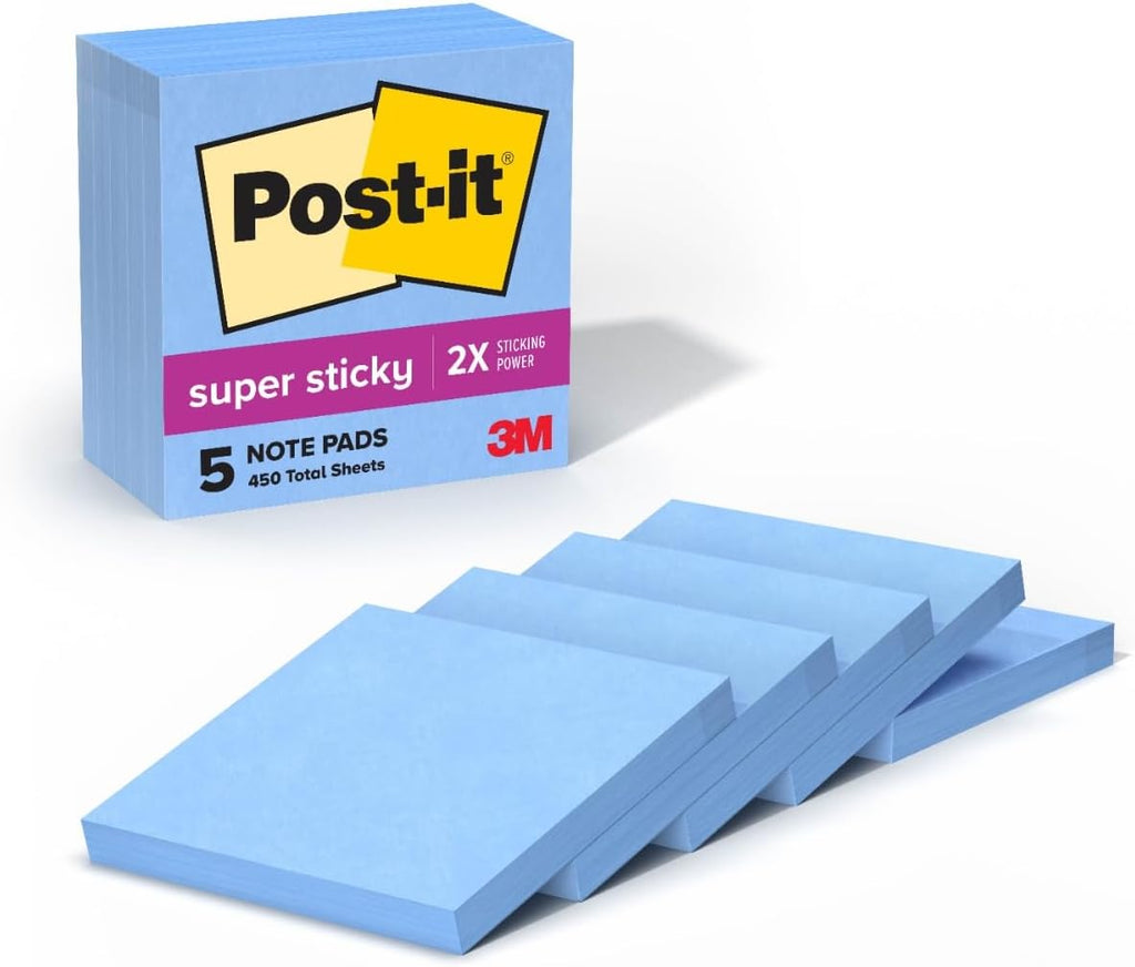 Post-it Super Sticky Notes, 3 x 3 in, Washed Denim, 5 Pads, 90 Sheets/Pad