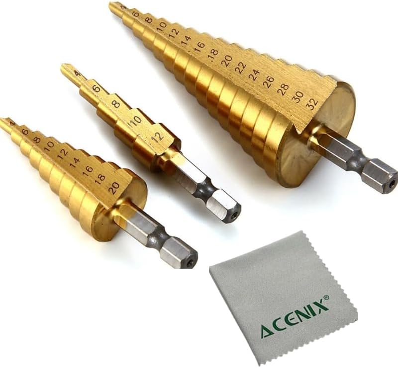 ACENIX® 3 Pcs Large HSS Steel Step Cone Drill Titanium Bit Set Hole Cutter 4-12/20 / 32mm