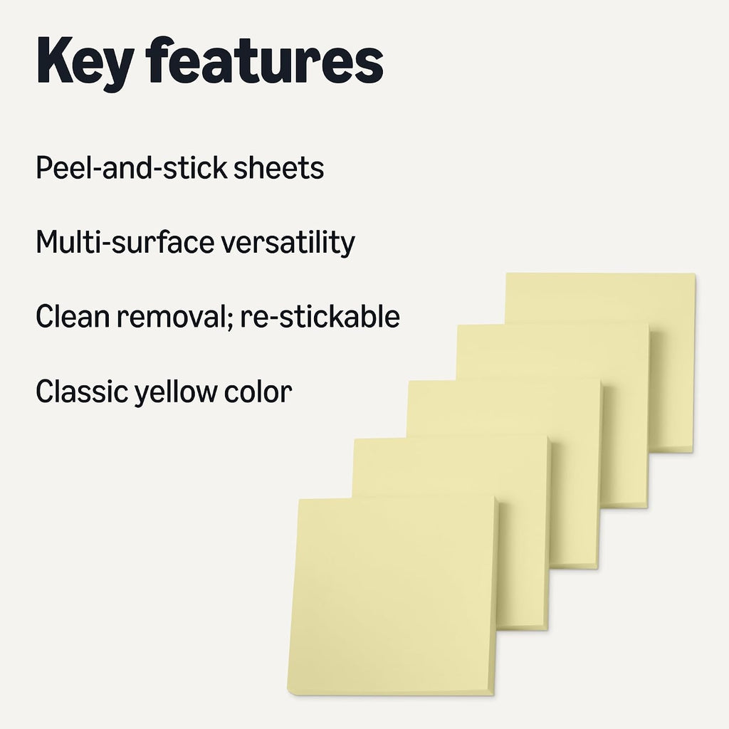 Amazon Basics Square Sticky Notes, Self-Stick Pads, 3 x 3 inches, Yellow, 18-Pack