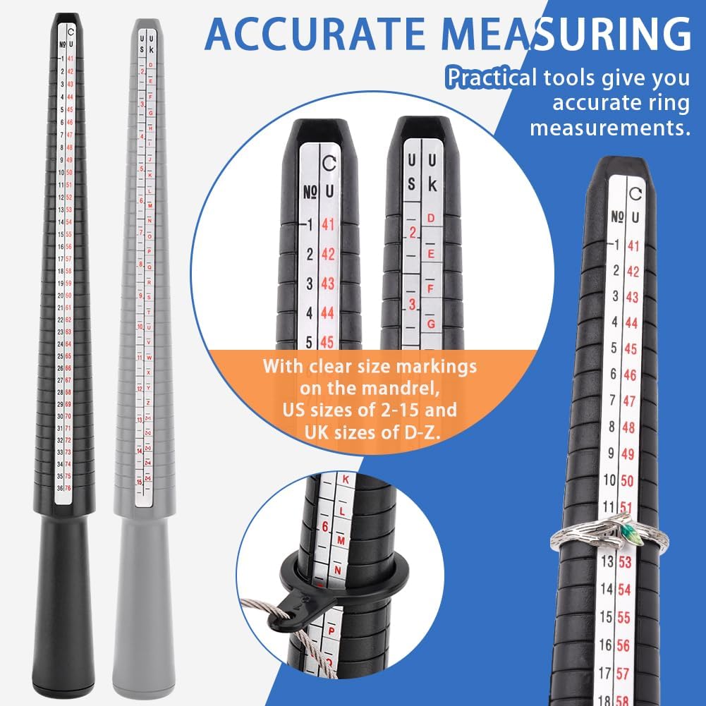 11 Pieces Us UK Ring Mandrel Set, Size 1-13 with Half Size Ring Sizer Measuring Tool