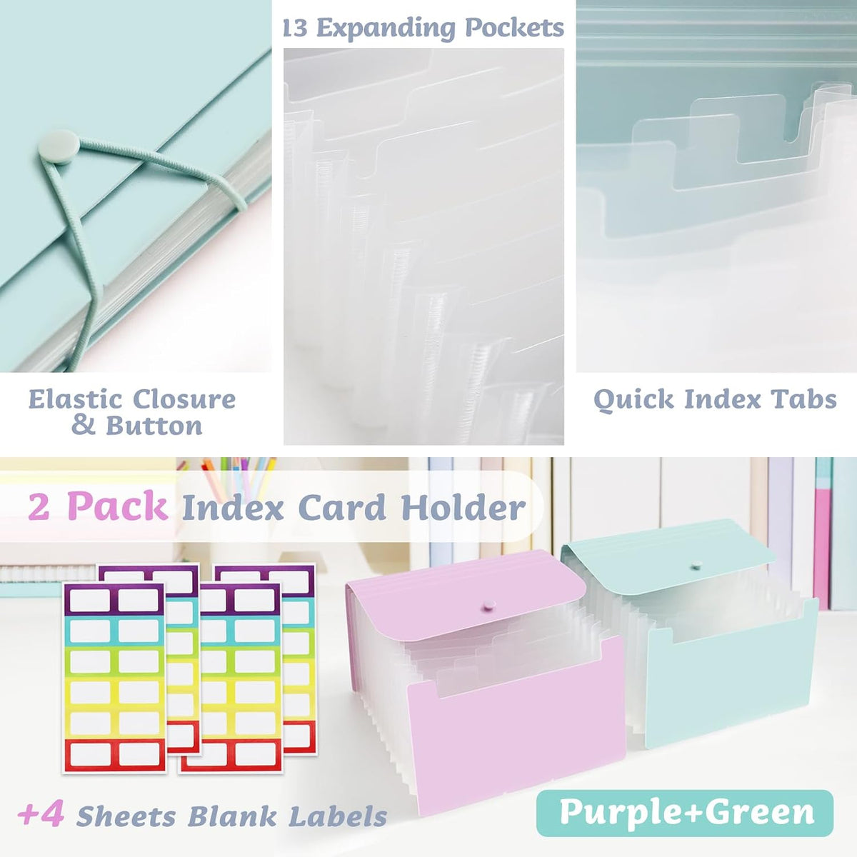 2 Pack 4x6 Inch Index Card Holder Box Organizer Case, Purple & Green