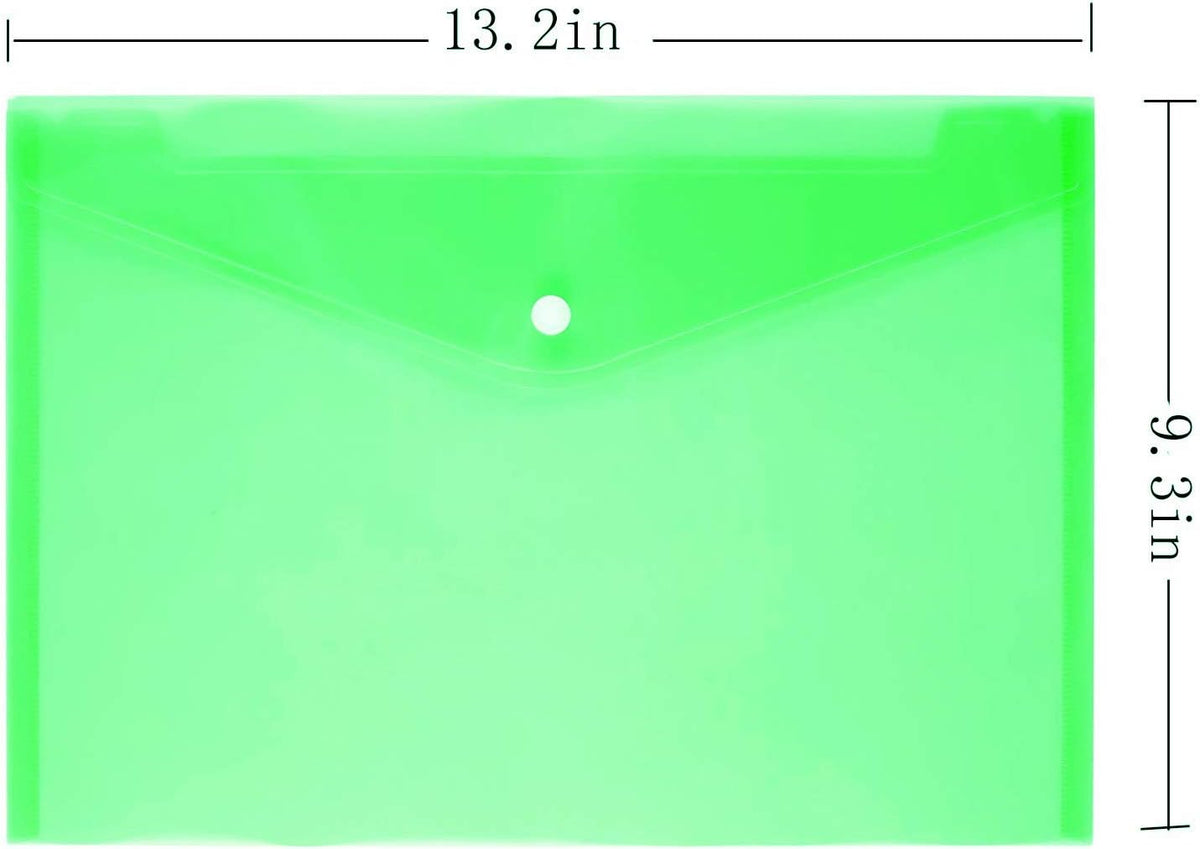 12 Poly Envelopes Snap Button Clear Document Folder A4 Size - Green