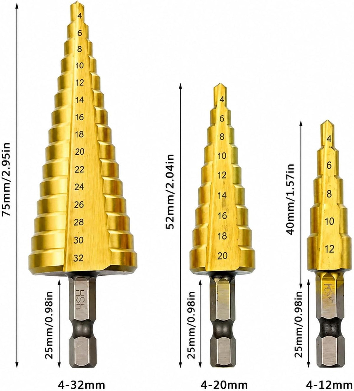 ACENIX® 3 Pcs Large HSS Steel Step Cone Drill Titanium Bit Set Hole Cutter 4-12/20 / 32mm