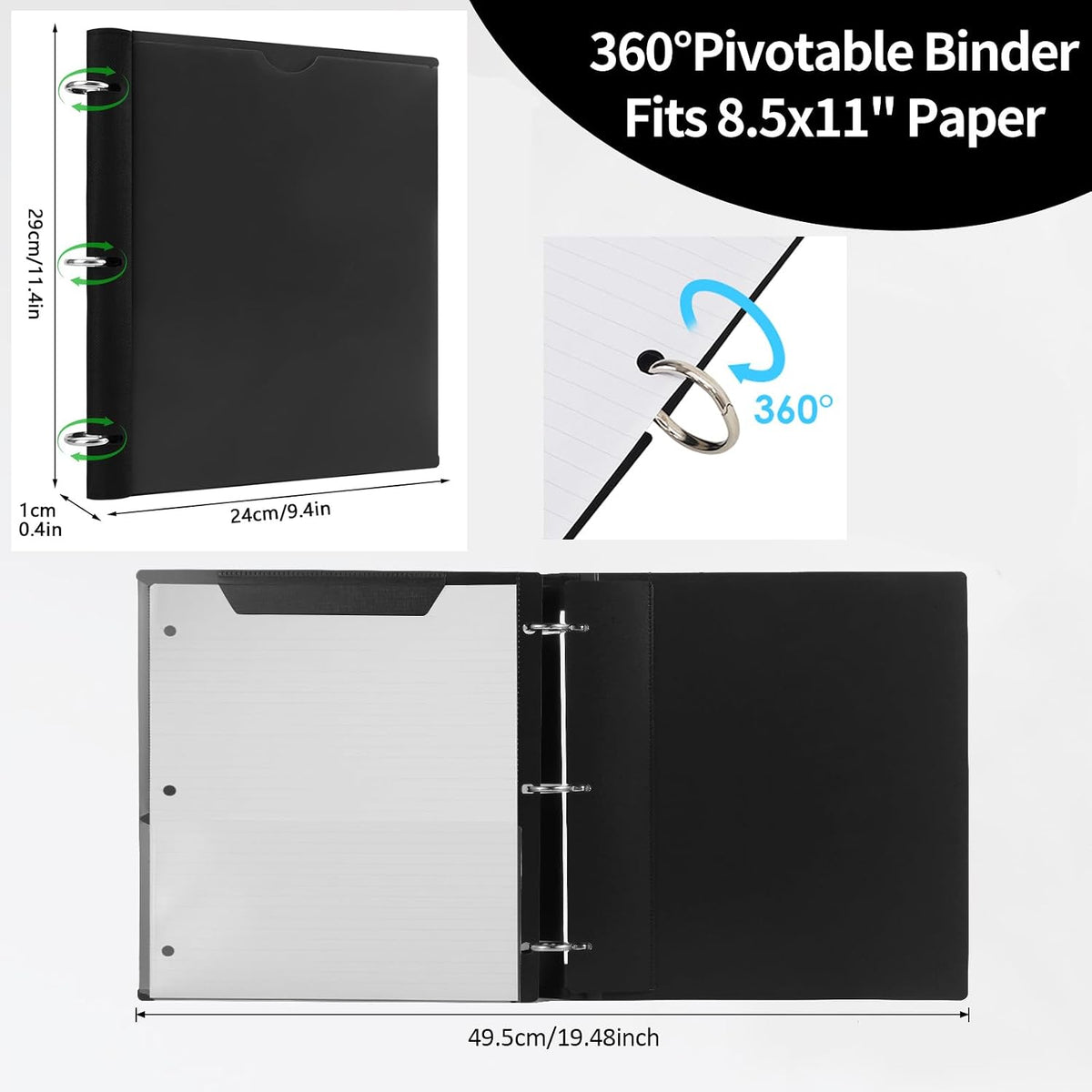 360° Pivotable 3 Ring Binder, Upgraded Foldable Binders 1 inch 2 Pack
