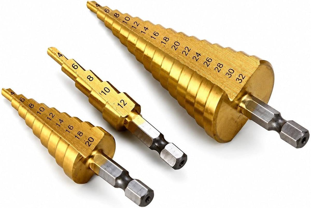 ACENIX® 3 Pcs Large HSS Steel Step Cone Drill Titanium Bit Set Hole Cutter 4-12/20 / 32mm