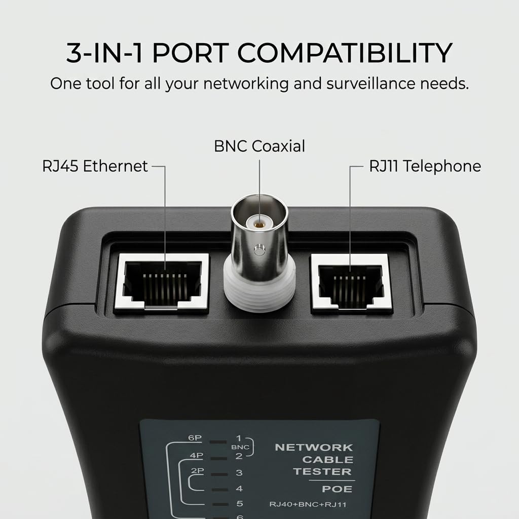 3-in-1 Network Cable Tester with PoE Anti-Burnout Protection, RJ45 Ethernet, BNC Coaxial