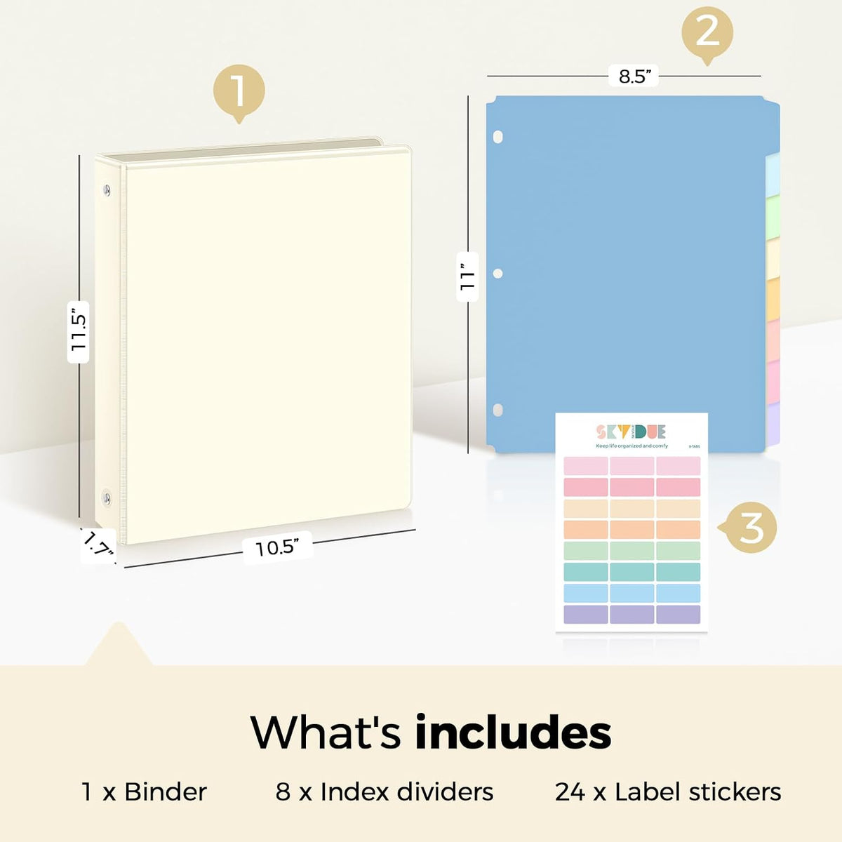 SKYDUE 1 Inch 3 Ring Binder with 8 Tab Dividers & 24 Labels