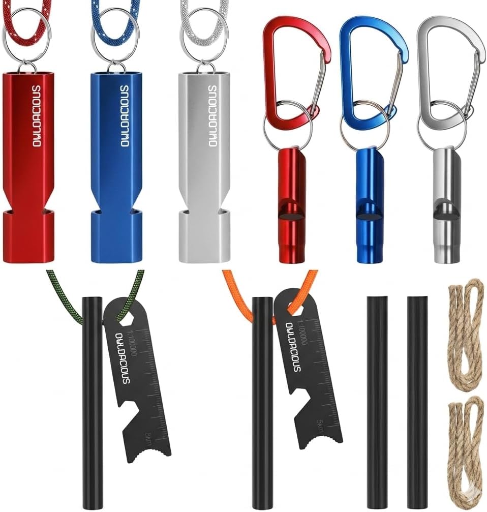 Emergency Whistle & Fire Starter Kit - 6 Aluminum Whistles & 4 Ferro Rods (4", 3.2"