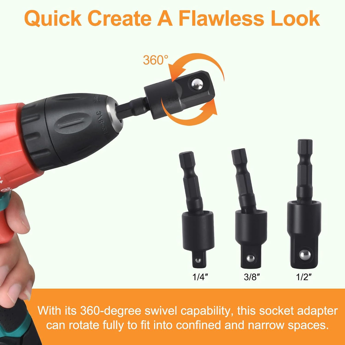 17Pcs Flexible Drill Bit Extension Kit, 1/4" 3/8" 1/2" Adapters