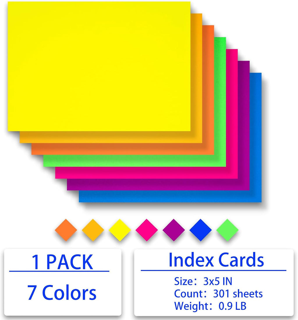 Index Cards 301-Count 3x5 Inch,178GSM Heavyweight Set of 7 Fluorescent Colors Paper