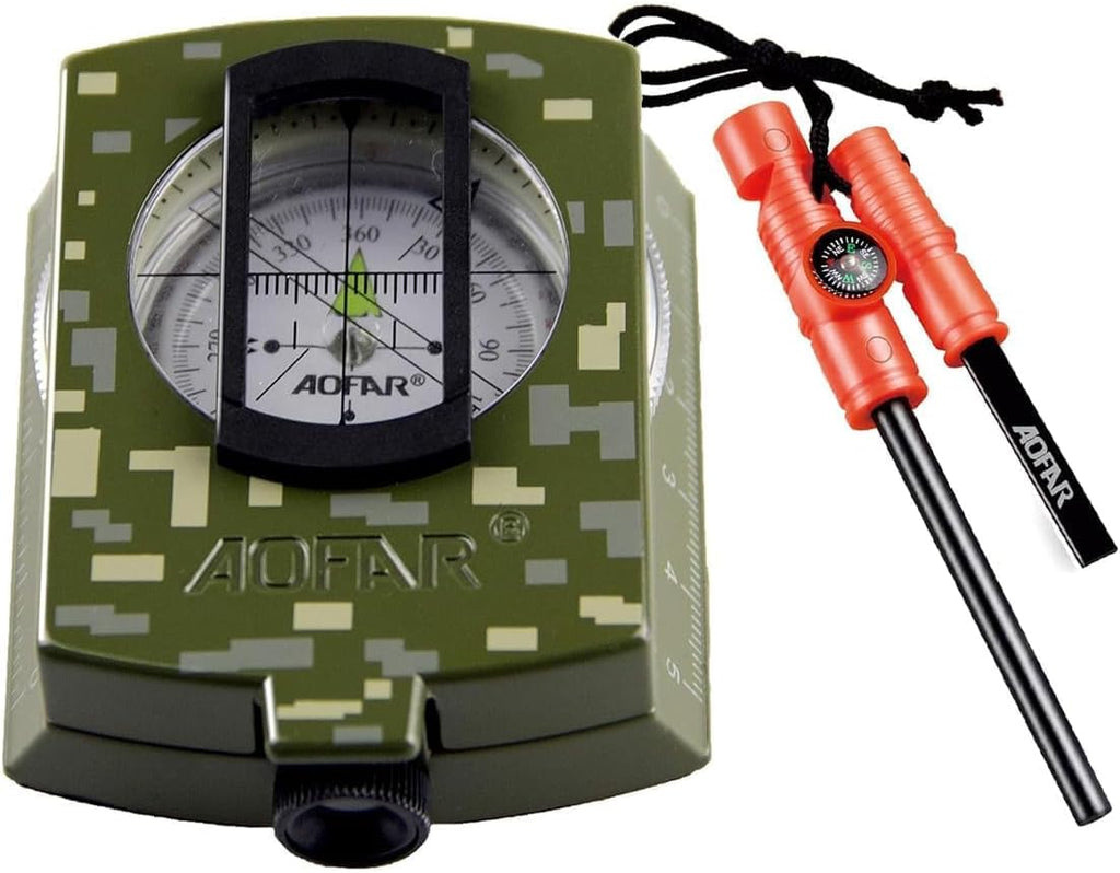 AOFAR Military Compass and Fire Starter AF-4580/381 Lensatic Sighting, Survival Kit