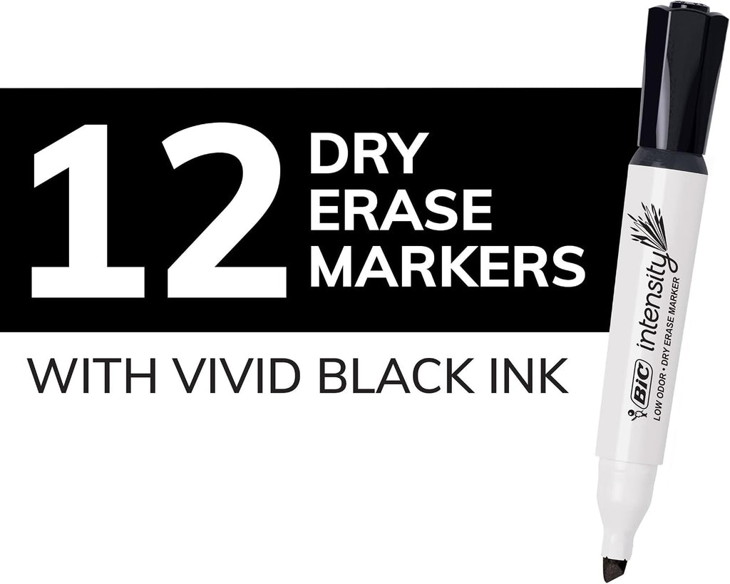 BIC Intensity Black Low Odor Dry Erase Markers, Chisel Tip, 12-Count