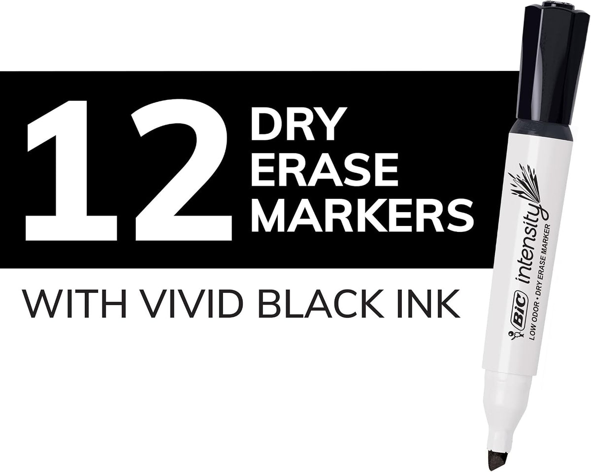 BIC Intensity Black Low Odor Dry Erase Markers, Chisel Tip, 12-Count