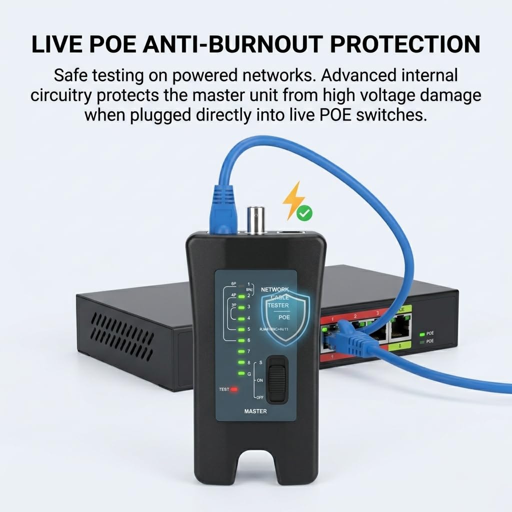 3-in-1 Network Cable Tester with PoE Anti-Burnout Protection, RJ45 Ethernet, BNC Coaxial