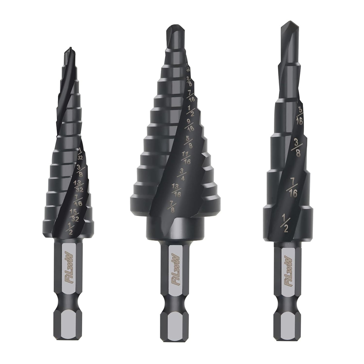 3PCS HSS Nitride Black Step Drill Bits, 31 Step Sizes Total High Speed Steel Step Bits