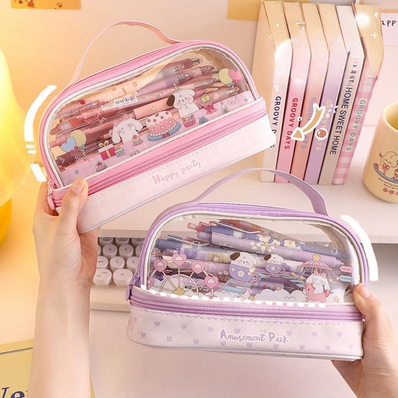 Bunny Pencil Pouch w/Handle Rabbit Kitten Bear Puppy Pen Case Cosmetic Bag Clear Case