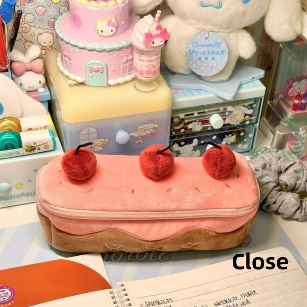Cherry Cake Pencil Case Big Capacity Pen Holder Plush Pencil Pouch Box Cute Aesthetic Pen
